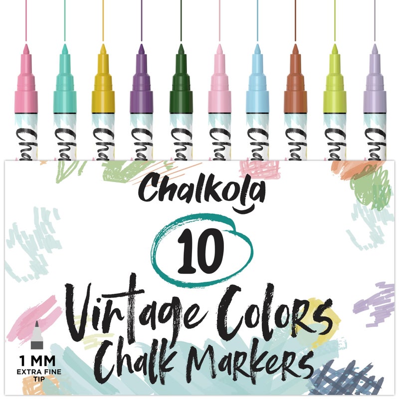 Chalkola Extra Fine Tip Liquid Chalk Pens for Chalkboard, Blackboards, Window, Bistro (10 Vintage Colors, 1mm) - Extra Fine Dry Erase Marker Pens - Image 1